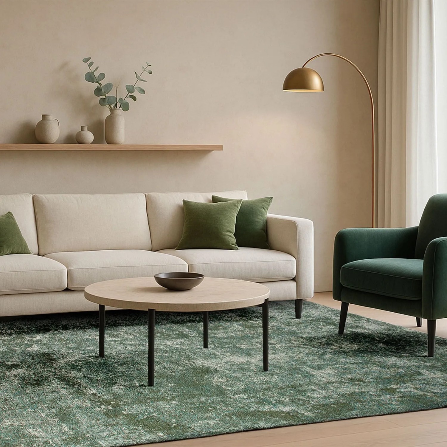 Wohnzimmer mit grünem Lola&Moi Teppich Jodhpur (140x200cm), Sofa, Sessel und Tisch.