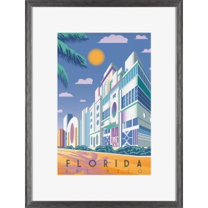 Silberner Kunststoff Bilderrahmen 30x40 cm mit Passepartout und Florida Art Deco Motiv.