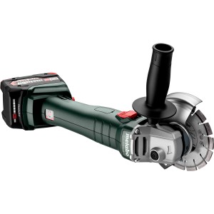 Metabo Akku-Winkelschleifer W 18 L 9-125 Solo mit Akku und Schleifscheibe.