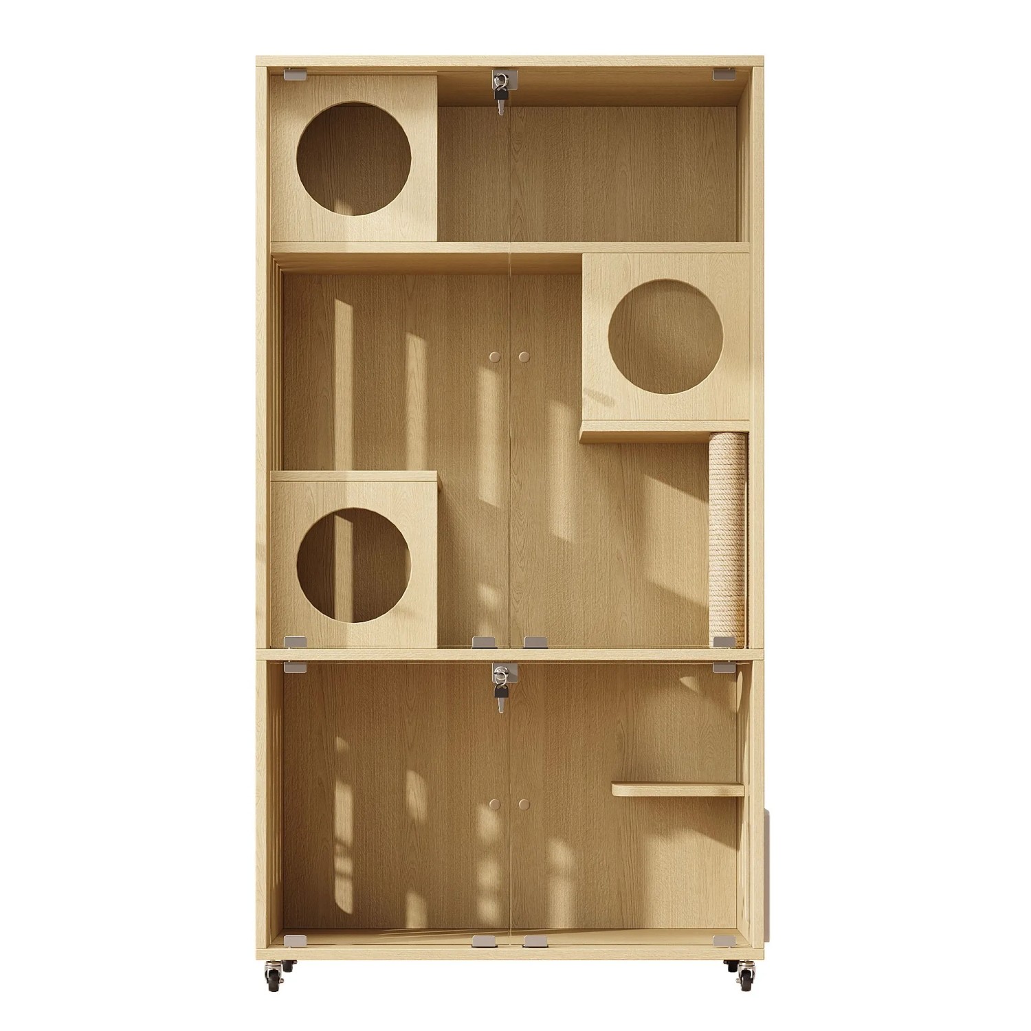 Merax Katzenkäfig 90x50x166 cm Naturholz Mobil Schlüsselverschluss Tür