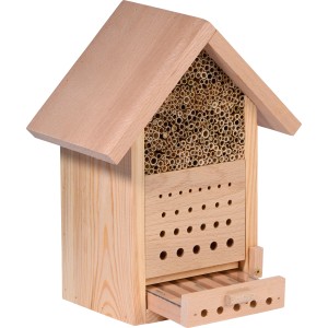 Kleines Insektenhotel aus Kiefernholz mit Nistblock und Beobachtungsschublade.
