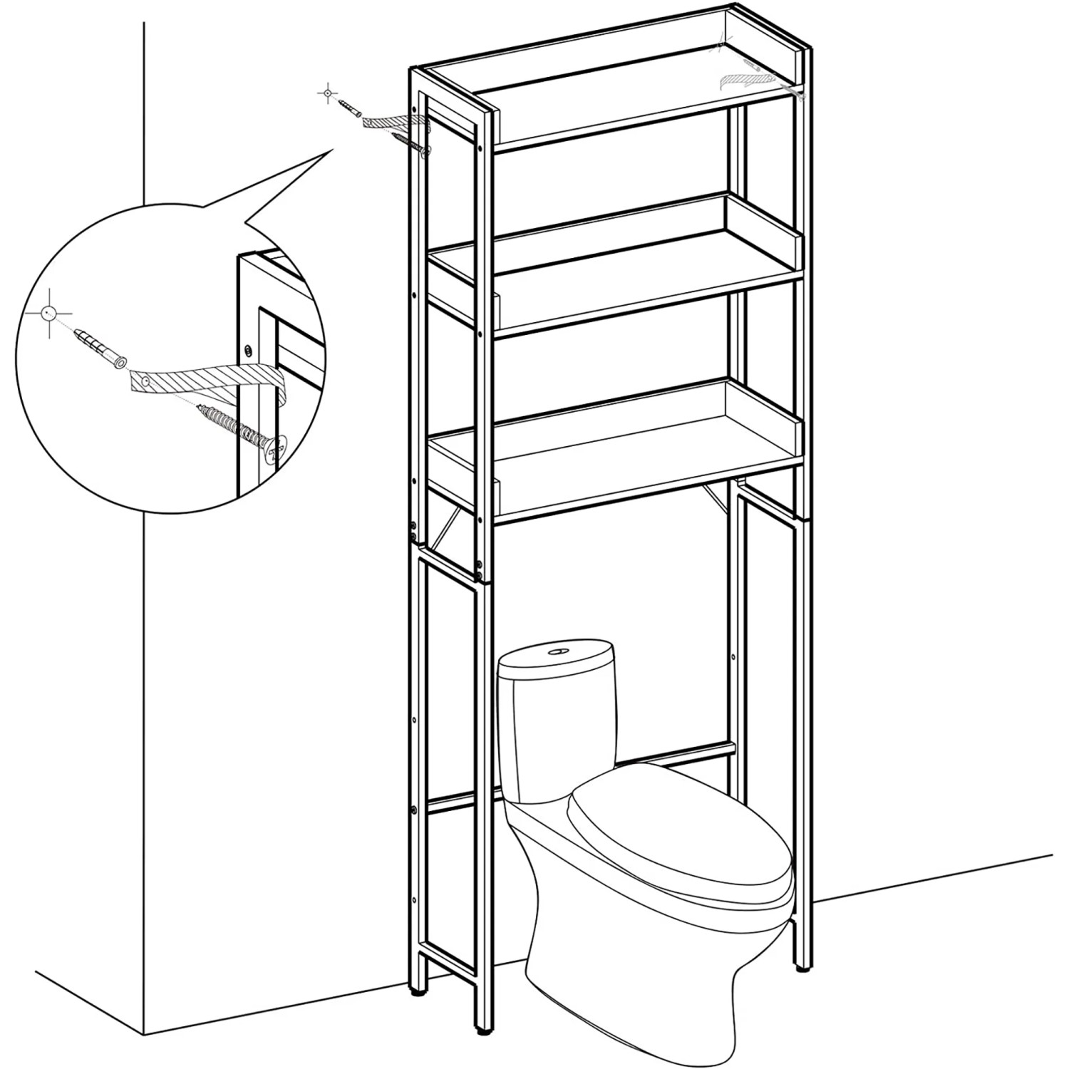 Vasagle Badezimmerregal mit 3 Ebenen in Braun-Schwarz über einer Toilette, Detail Wandbefestigung.