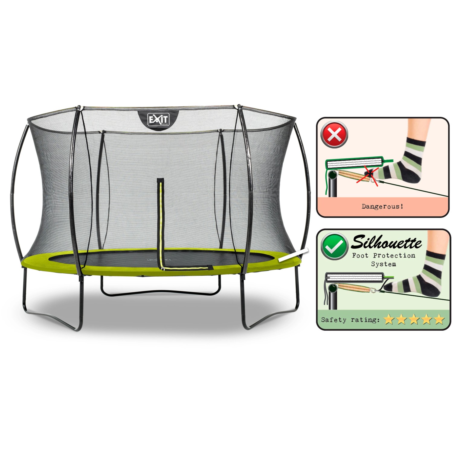 Grünes EXIT Silhouette Trampolin D305cm mit Sicherheitsnetz und Fußschutzsystem.