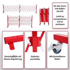 MCW Alu Absperrgitter B34 Rot-Weiß mit Rollen, ausziehbar für Garten & Innenbereich.