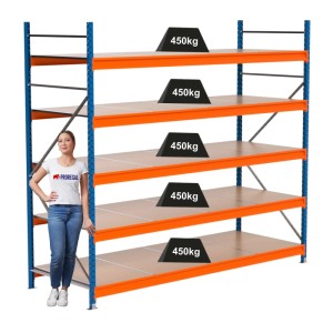 PROREGAL Weitspannregal MAXIMUS PRO Grundregal mit 5 Böden, blau/orange, belastbar mit Gewichten von je 450kg.