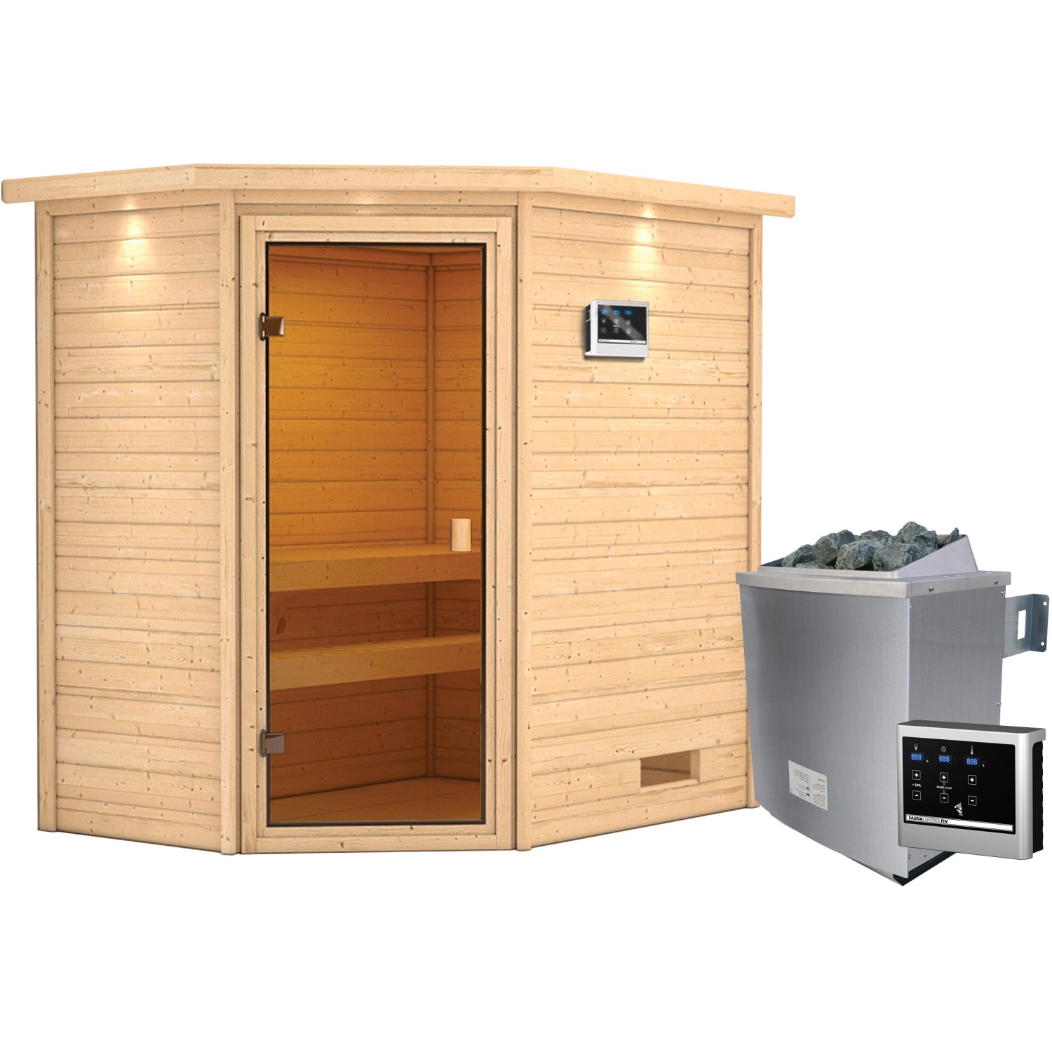 Woodfeeling Sauna Jella inkl. 9 kW Ofen mit ext. Strg., LED-Dachkranz