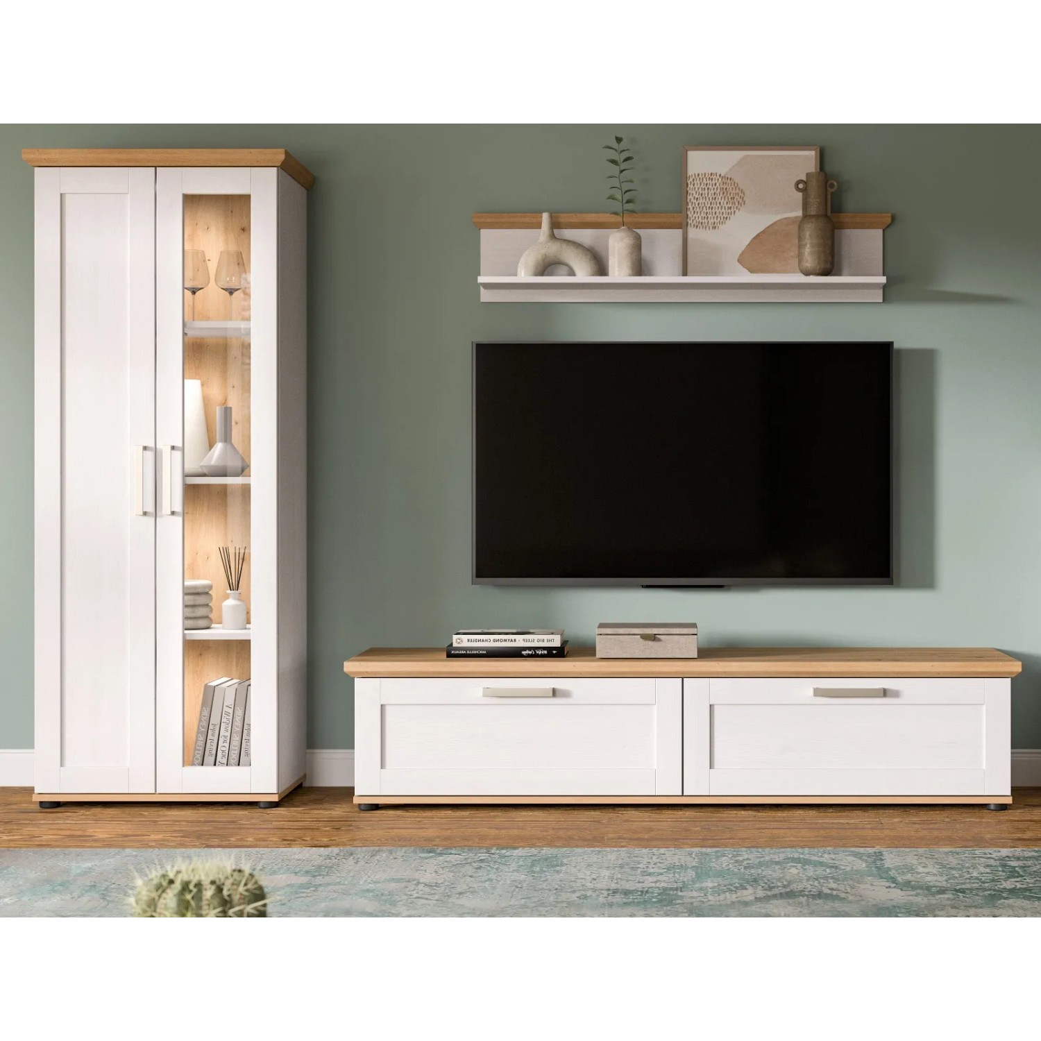 3-teilige Wohnwand Mirano im Landhausstil, weiße Lärche und Eiche Artisan, 240 cm breit.