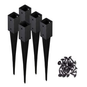 Fünf schwarze, pulverbeschichtete HOLLMAX Einschlaghülsen 71 mm für Vierkantpfosten mit passenden Schrauben.