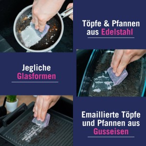 abrazo Reinigungspads im Einsatz: Töpfe, Pfannen und Glasformen werden gereinigt.