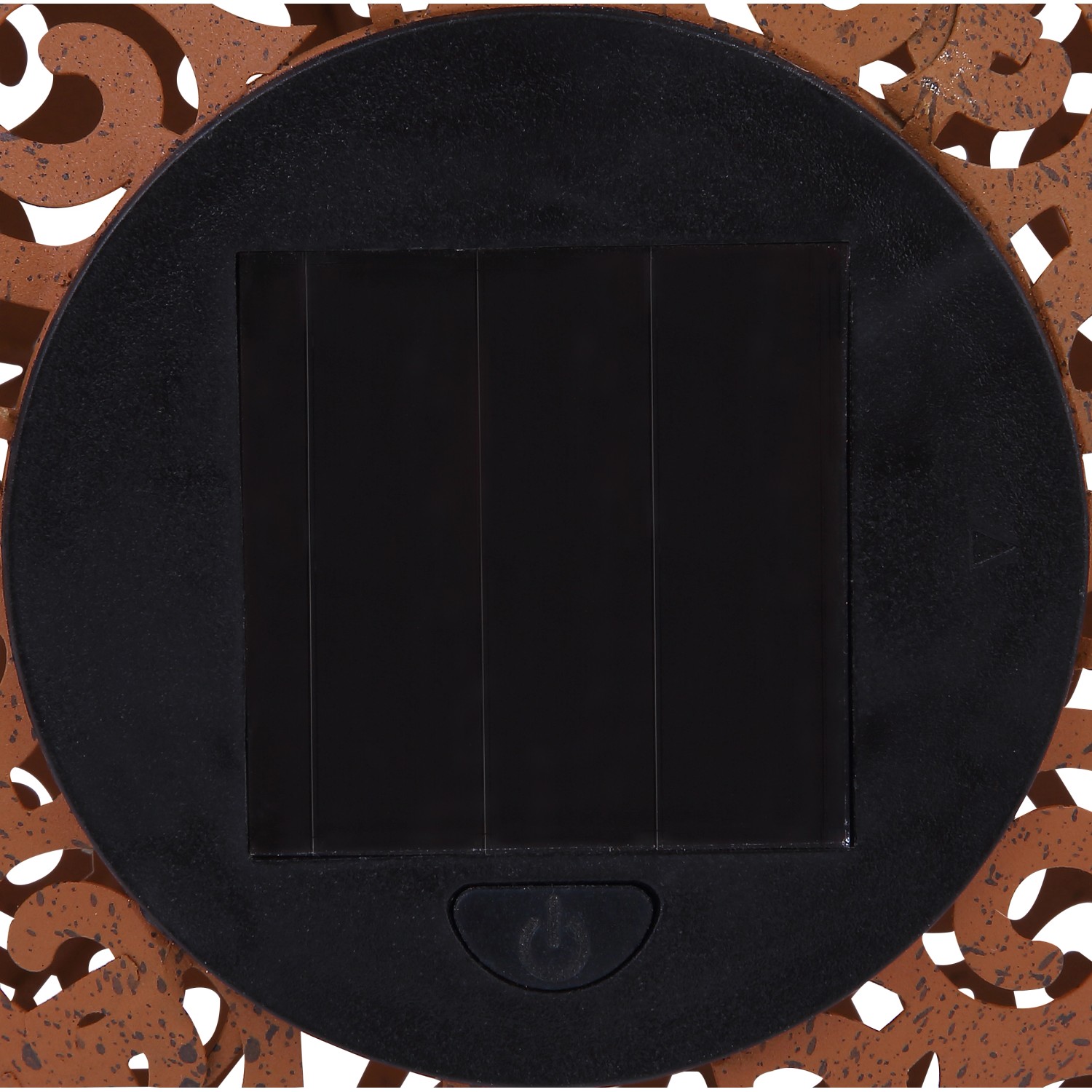 Detailaufnahme Solarpanel der Globo LED-Solaraußenleuchte Kugel Dekogeflecht Rost.