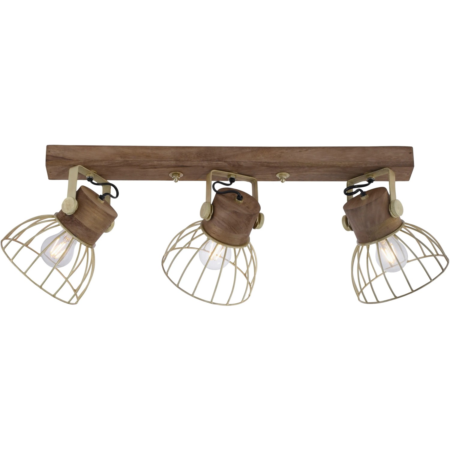 Dreiflammiger Just Light Spot Alami aus Messing matt und Holz, 76cm breit.