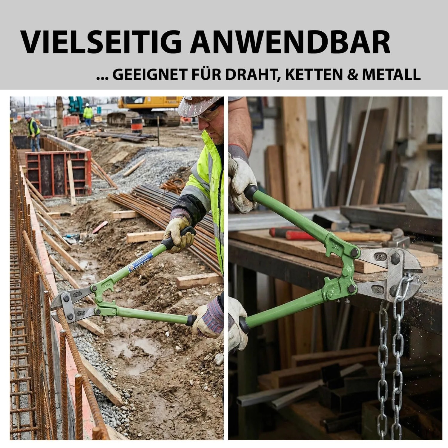 TRUTZHOLM Bolzenschneider 900 mm im Einsatz: Schneiden von Baustahl und Kette. Robuster Seitenschneider für Heimwerker.