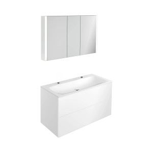 Keuco Badmöbel-Set Seis, 120 cm, 3-teilig: Waschtisch mit Unterschrank und LED-Spiegelschrank in Weiß.