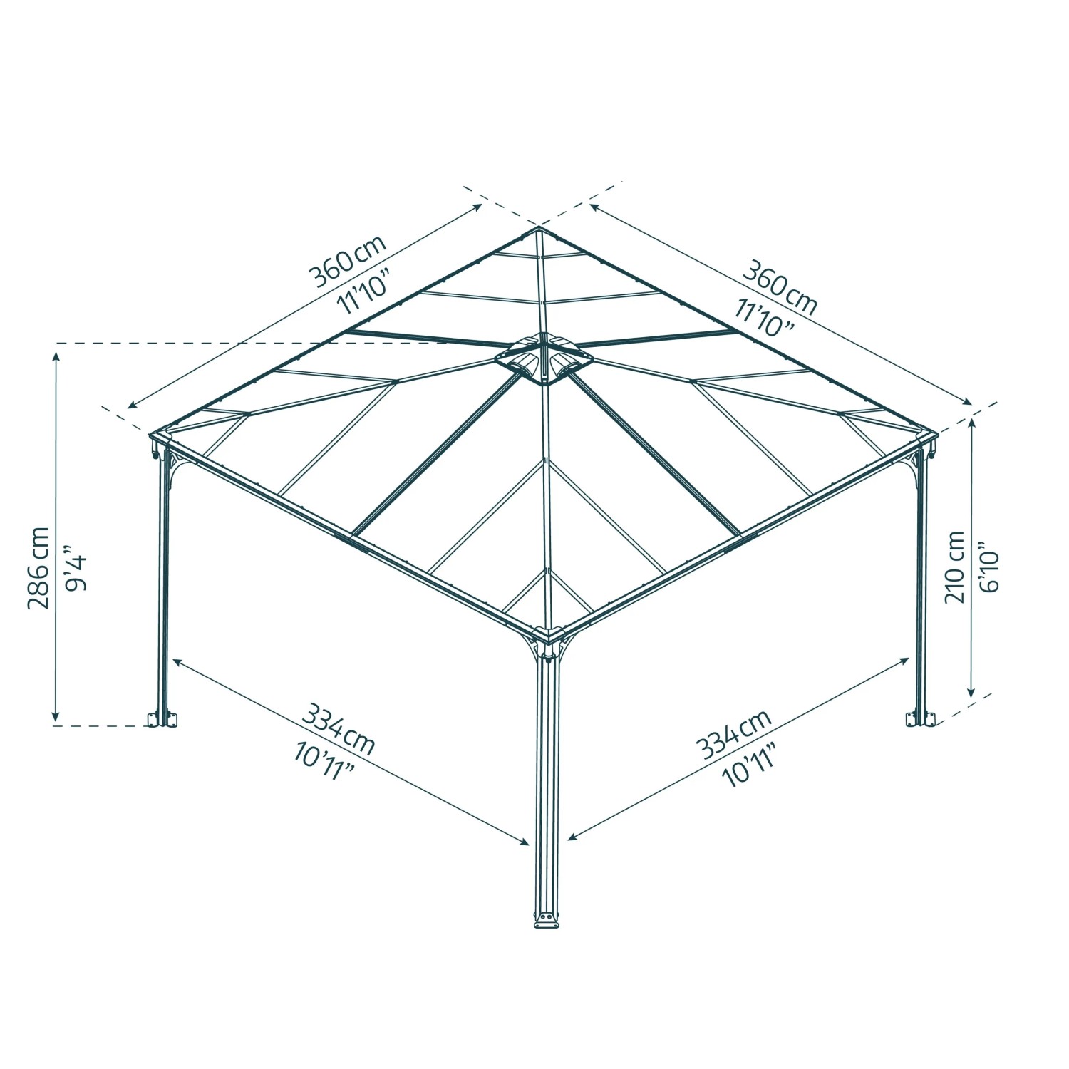 Maße des Canopia Gartenpavillon Palermo 3.6 x 3.6 Anthrazit