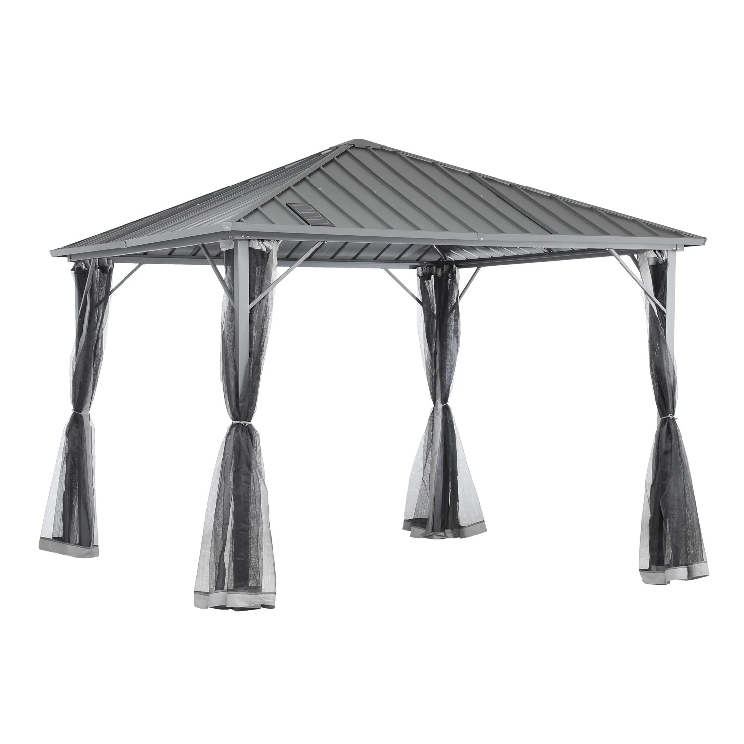 Grauer Home Deluxe Pavillon Azur mit Moskitonetzen und Solar-LED-Beleuchtung.