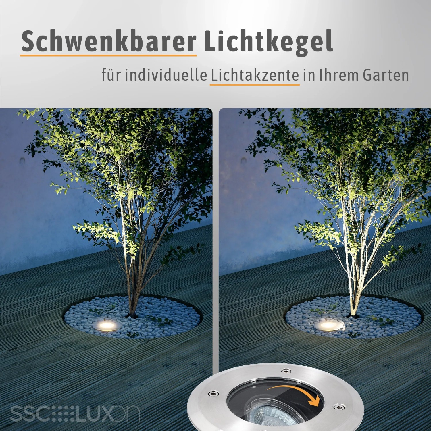 SSC-LUXon Juavi Bodeneinbaustrahler in Silber beleuchtet Baum im Garten. Schwenkbare Außenleuchte.