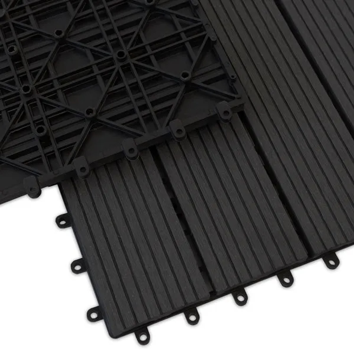 Anthrazitfarbene KARAT WPC Klickfliese Royal für Terrasse, 30x30 cm, mit Klicksystem und Kunststoff-Unterbau.
