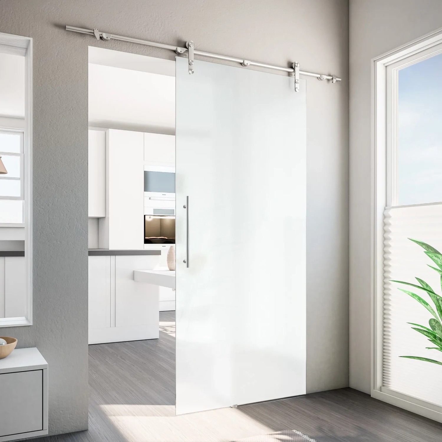 inova Glasschiebetür, satiniert, 900x2080 mm, mit offener Laufschiene und Stangengriff im Komplettset.