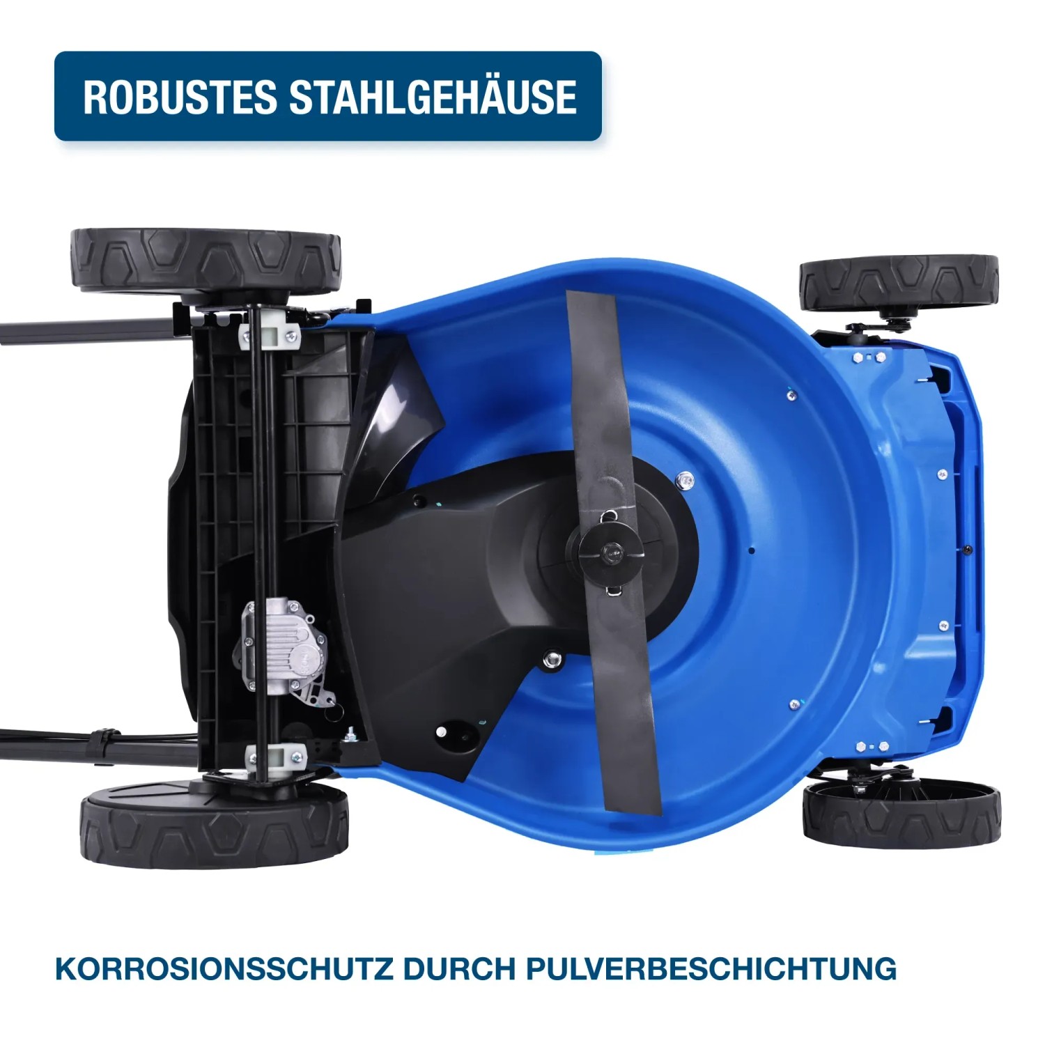 Unterseite des blauen Hyundai Benzin-Rasenmähers LM5122G mit Messer und Rädern.
