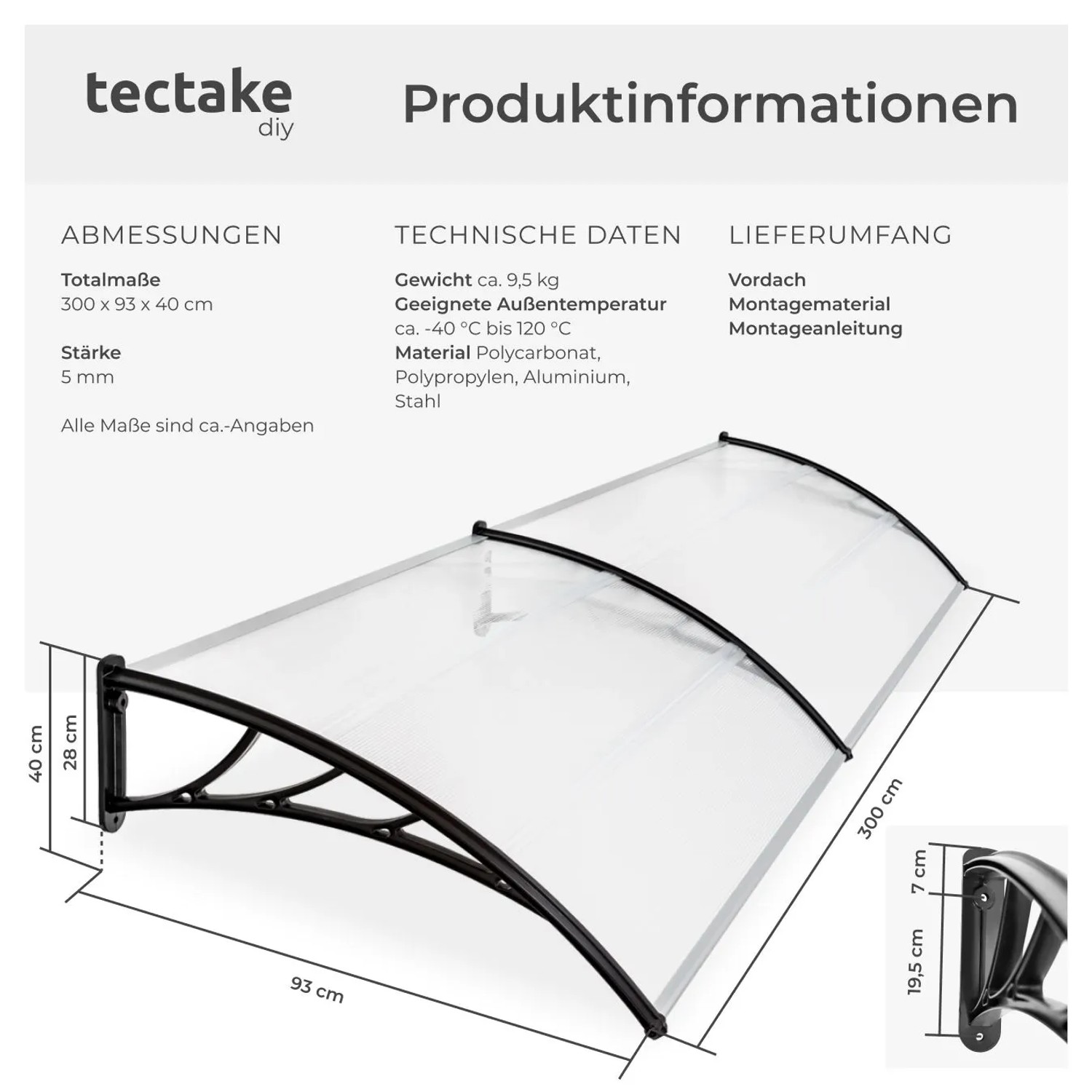 Tectake Vordach  In Bogenform Wetterfest  93 x 300 x 0 50 cm Transparent_6