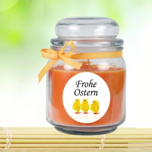 Duftkerze Frohe Ostern im Glas (Honigmelone) mit Küken-Motiv und Schleife, Ø9 cm.
