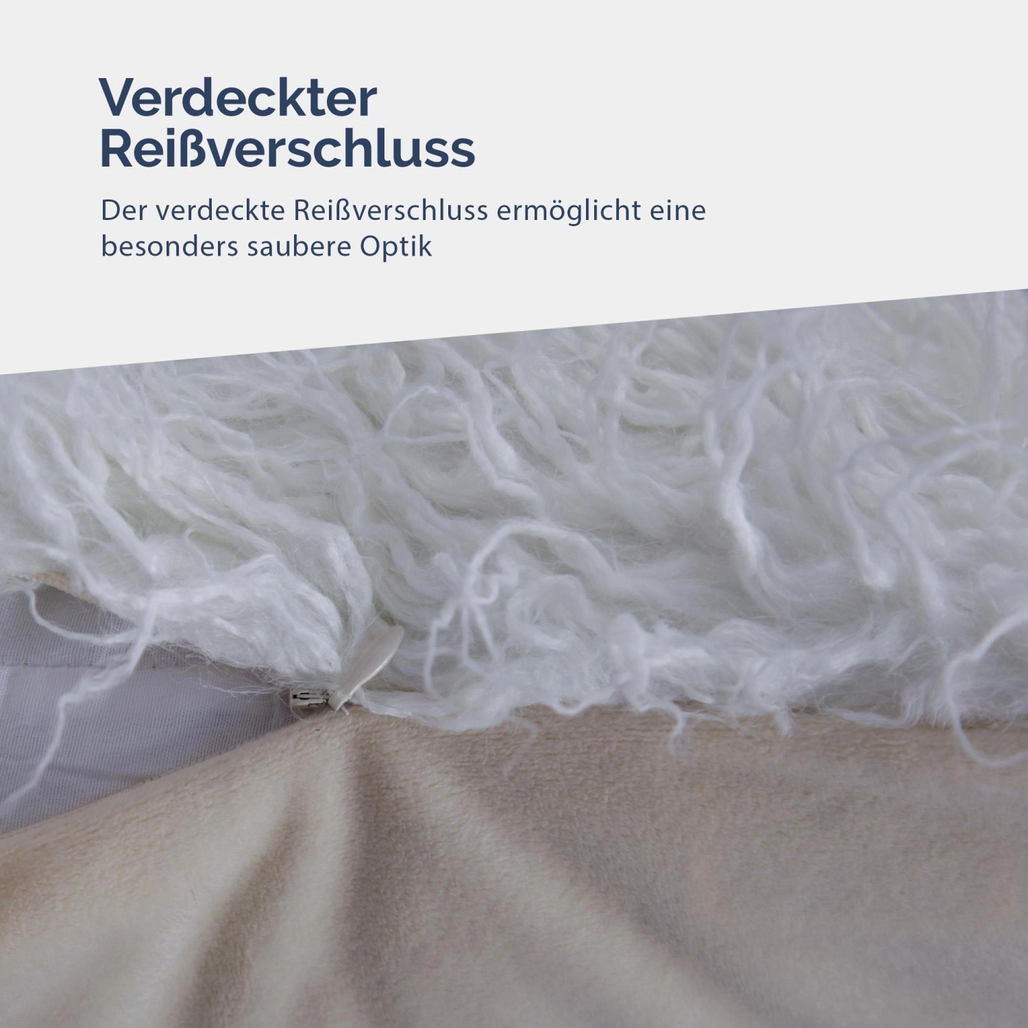 Detailaufnahme: Weißes Bestlivings Dekokissen Langhaar (50x50 cm) mit verdecktem Reißverschluss.