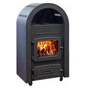 Schwarzer Wamsler WO 109-6 Kaminofen aus Stahl, 6 kW, mit brennendem Feuer im Sichtfenster.