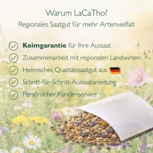 LaCaTho Nachtfalter Mischung Samen: Vorteile wie Keimgarantie, regionales Qualitätssaatgut aus Deutschland, Anleitung. Offene Packung mit Wildblumensamen.