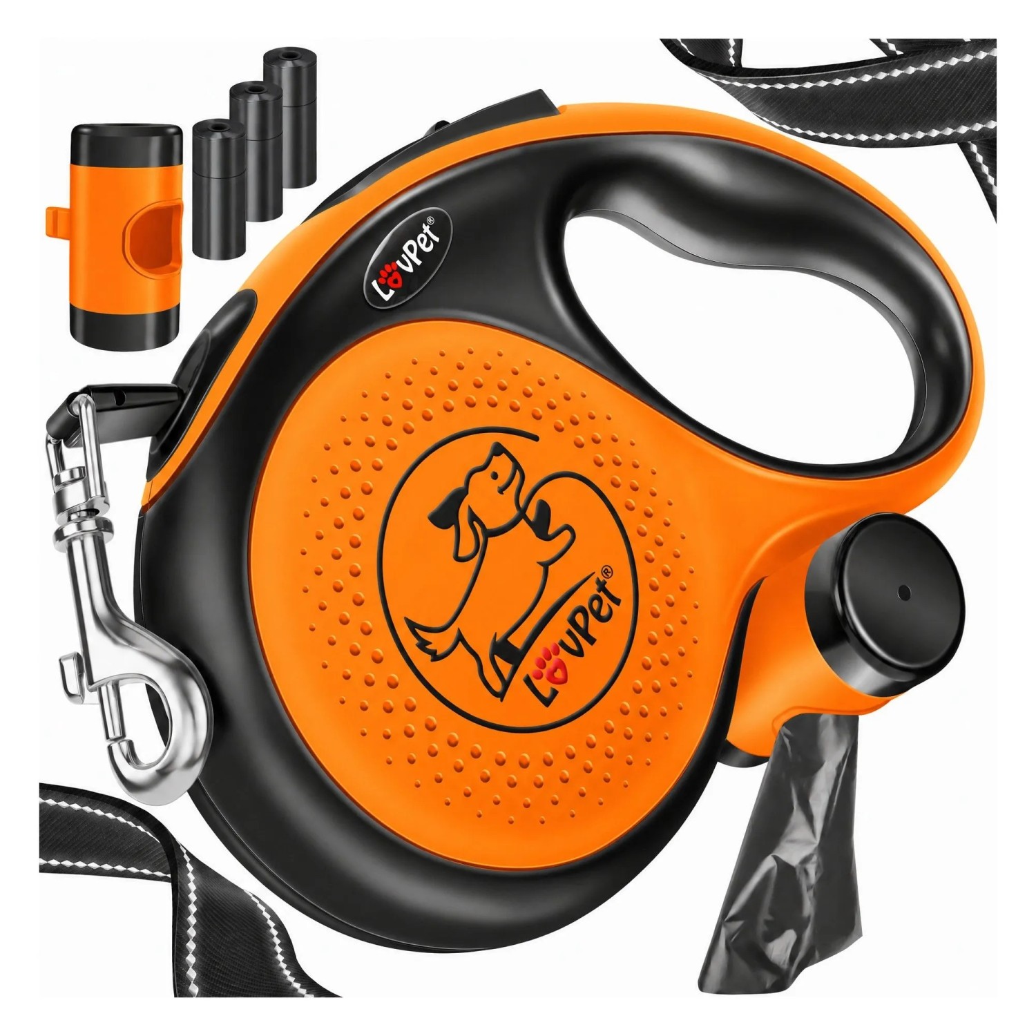 LOVPET Rollleine für Kleine und Große Hunde Reflektierend 5 m Schwarz Orange