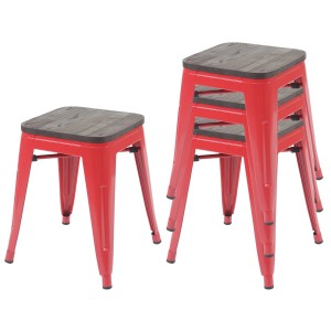 PROREGAL 4er-Set Hocker Inkl. Holz-Sitzfläche Metall Industriedesign Stapelbar Rot Metallhocker Sitzhocker