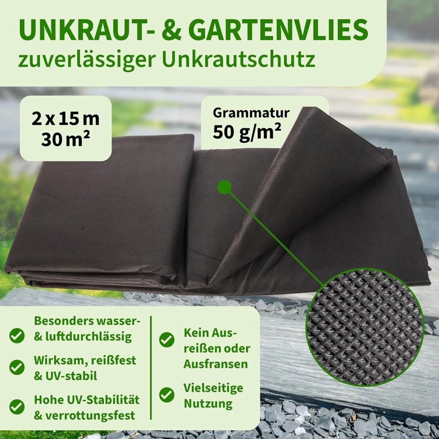 TTL GARDEN Unkrautvlies 50g/m² 2x15m 30m² Schwarz Gartenvlies Mulchvlies UV-stabil gegen Unkraut_2