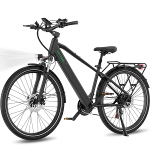 Schwarzes HITWAY E-Bike BK7S Pro 27,5 Zoll mit Frontlicht, Gepäckträger, Schutzblechen und Scheibenbremsen.