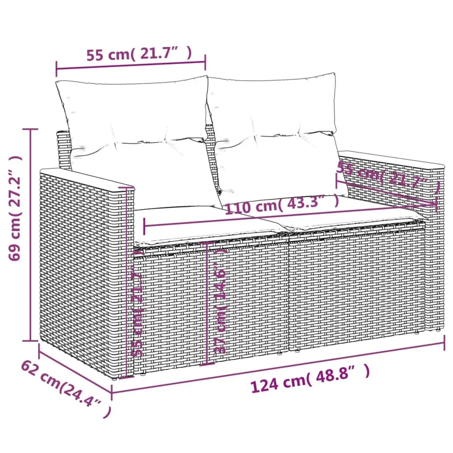 Schwarze 10-tlg. vidaXL Garten-Sofagarnitur aus Poly Rattan mit Kissen und Maßangaben.