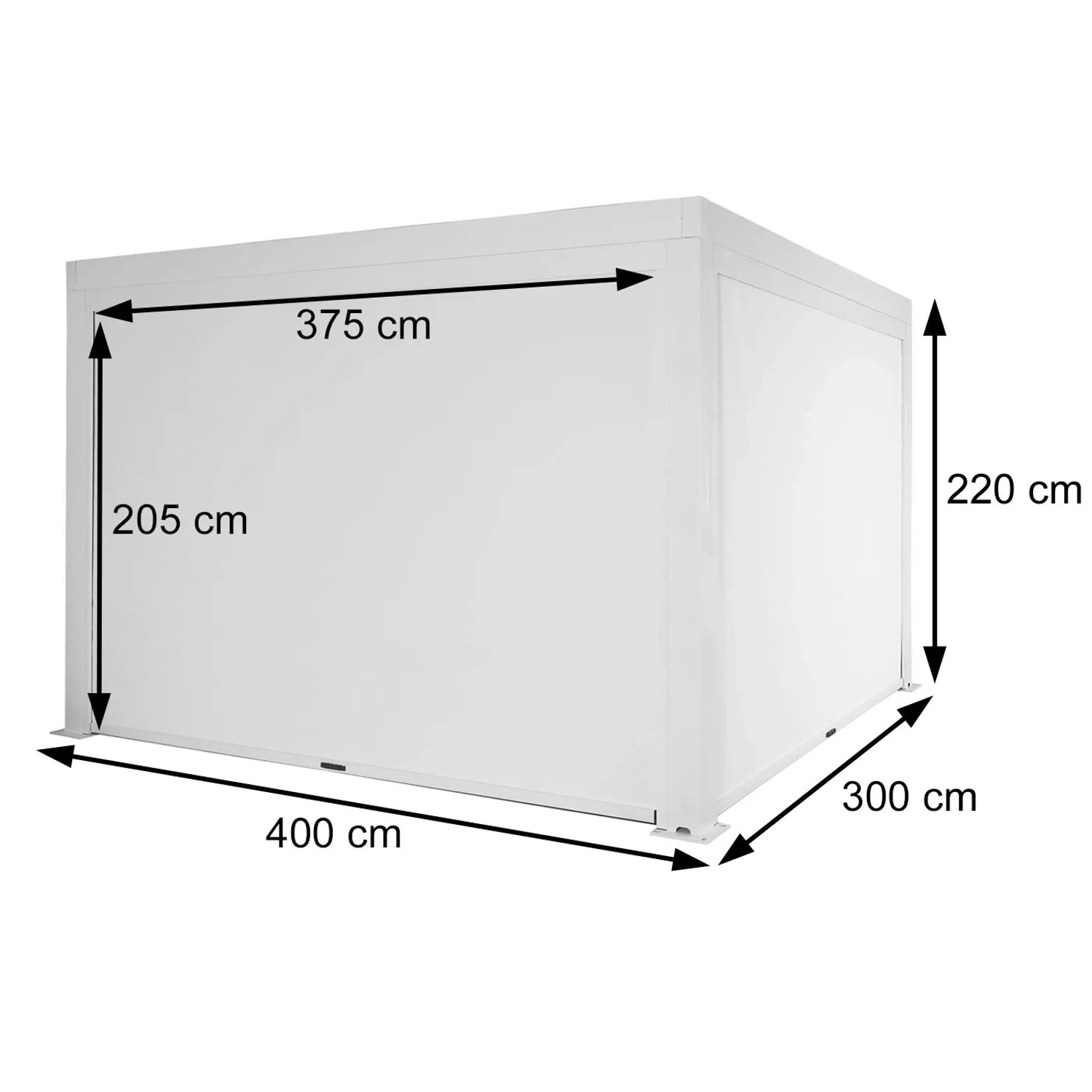 Anthrazitfarbene MCW Pergola L46 mit Seitenwand, 3x4m, Aluminiumgestell, Maße sind eingezeichnet.