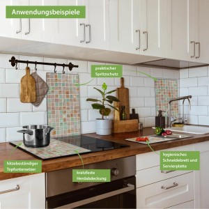 Banjado 2-teilige Herdabdeckplatte aus Glas mit grünem Fliesenmuster als Schneidebrett und Spritzschutz.
