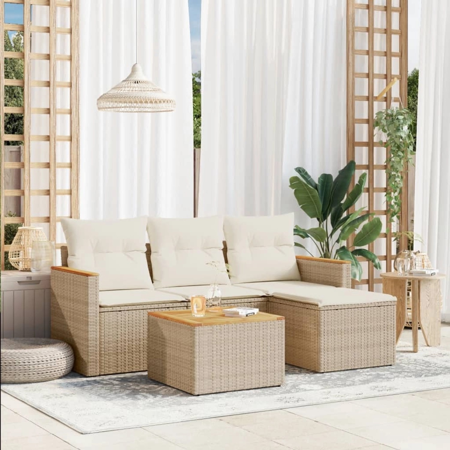 Beige 5-tlg. Garten-Sofagarnitur aus Polyrattan mit Kissen. Gartenmöbel für Terrasse und Garten.
