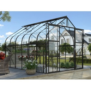 Schwarzes Vitavia Gewächshaus Diana 9900 ESG mit Glas und Pflanzen im Garten.