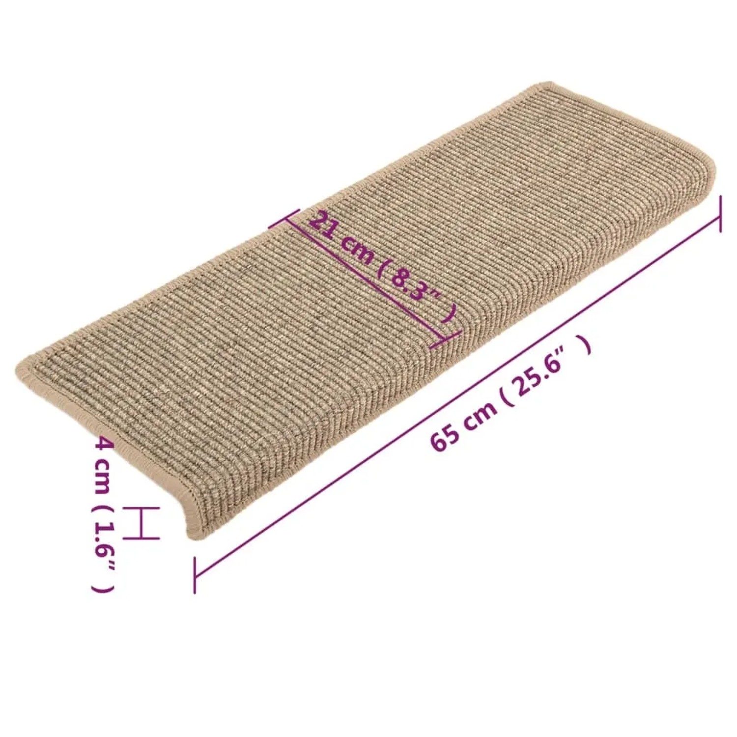 Dunkelbeige Stufenmatte 65x21x4 cm mit gerippter Oberfläche und rechteckigem Rand. Ideal für Treppen.