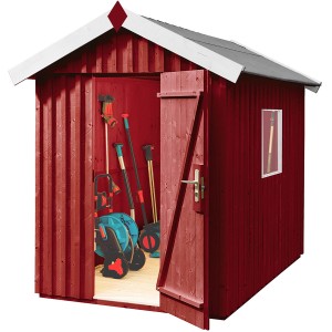 Weka Gartenhaus Schwedenrot mit Satteldach, lasiert, mit geöffneter Tür und Gartengeräten.