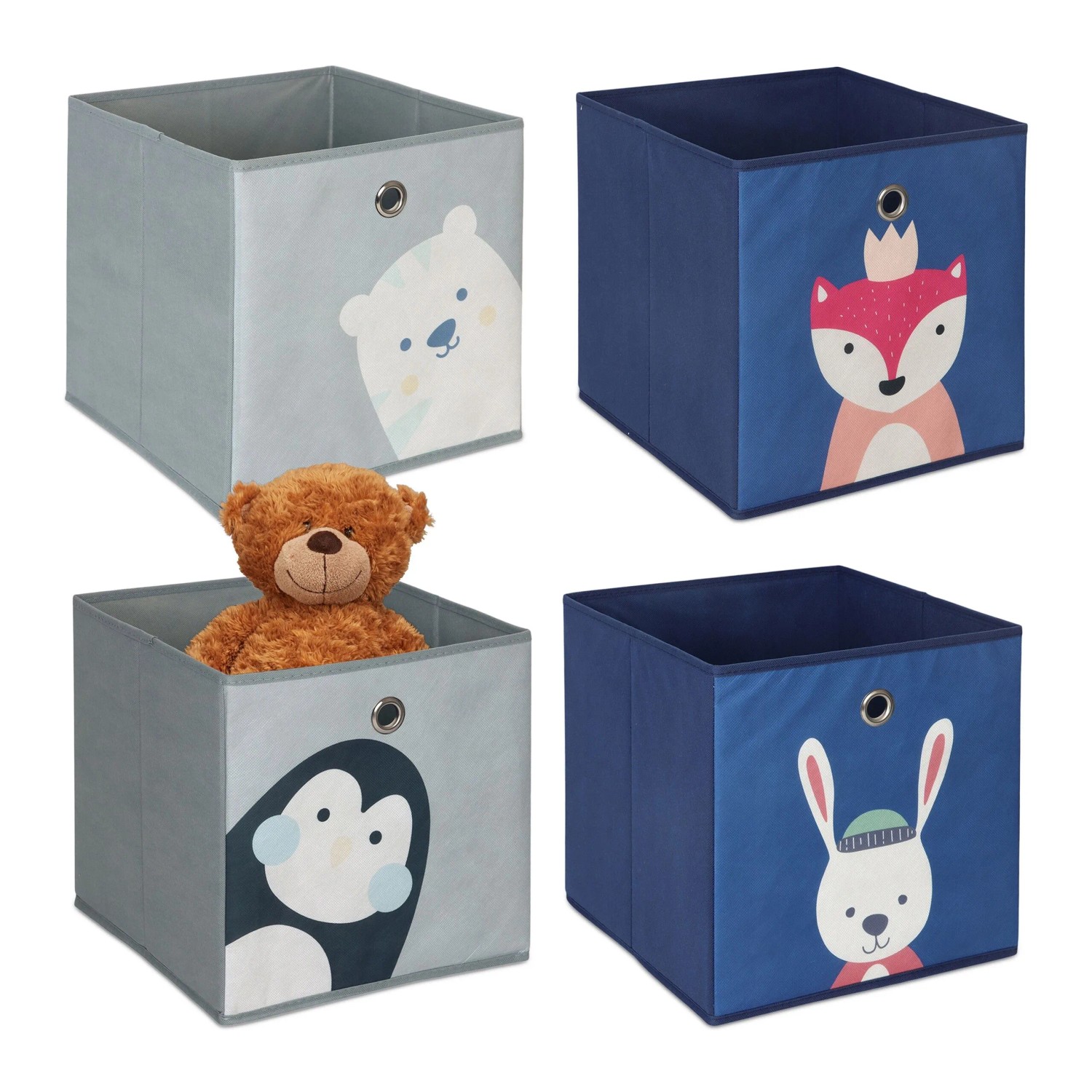 Relaxdays Aufbewahrungsboxen für Kinder 4er Set Vlies Pappe Stahl Bunt Faltbar 30 cm x 30 cm x 30 cm