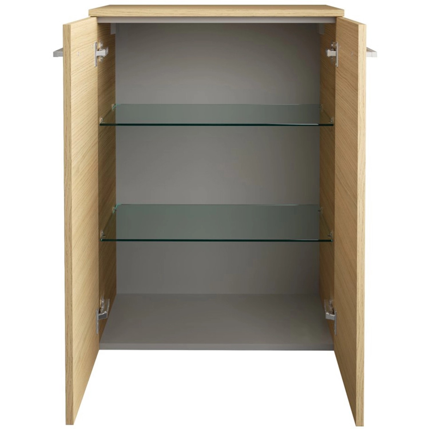 Offener Fackelmann Bad-Hängeschrank B.Style in Sandeiche mit zwei Glasböden.