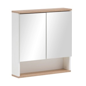 Badmobil Spiegelschrank CHI, weiß mit Holzdekor, 2-türig und Ablagefläche.