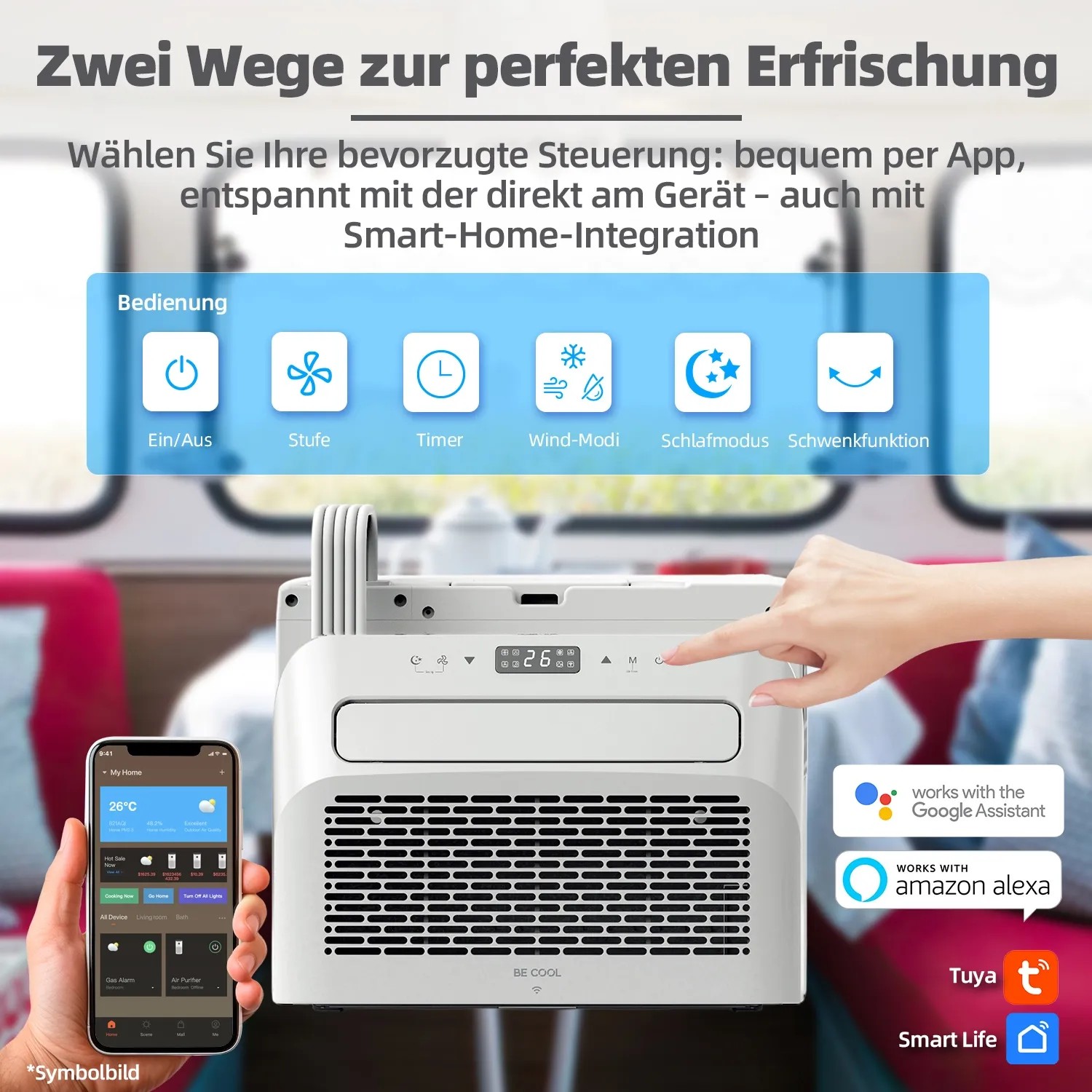 BE COOL 3in1 Caravan Split-Klimagerät mit App-Steuerung und verschiedenen Modi im Wohnwagen.