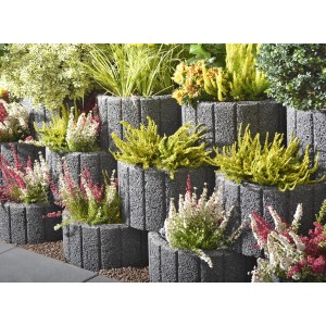 Begrünte, graue Pflanzringe Groß (ca. 48x25cm) als Hangbefestigung mit verschiedenen Pflanzen.