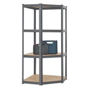 Graues Juskys Eckregal Corner Easy mit 4 Böden und Gegenständen. Lagerregal aus Metall und Holz.