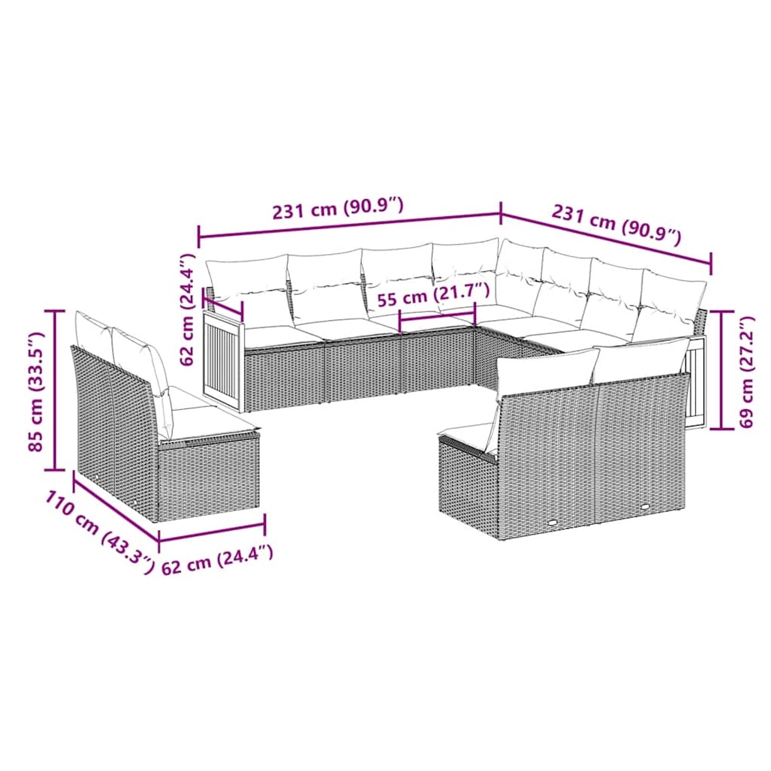 vidaXL 11-tlg. Garten-Sofagarnitur aus schwarzem Poly Rattan mit Maßen und Kissen.