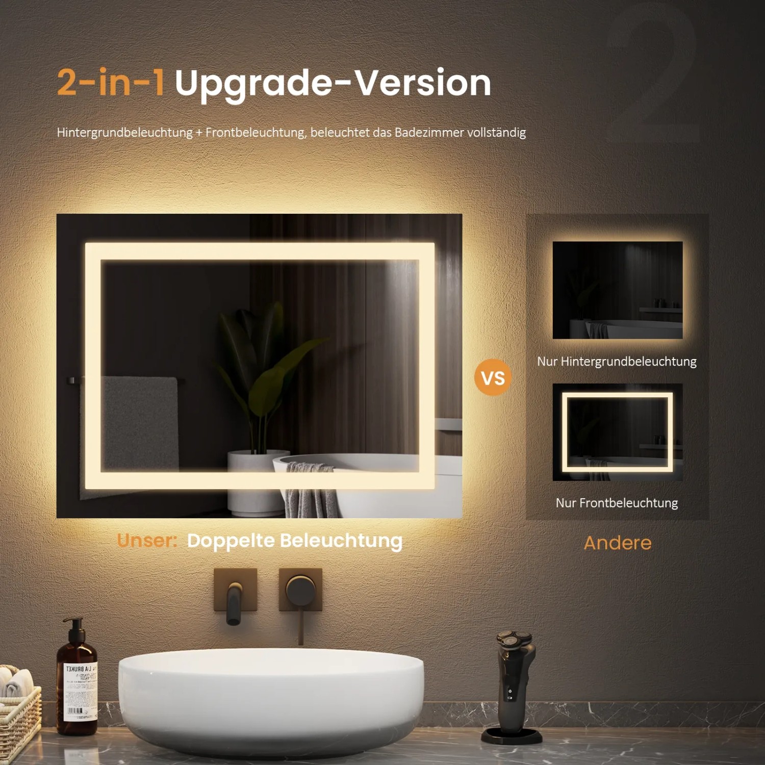 Emke Badspiegel mit LED Beleuchtung, 50x60 cm, mit Kaltweiß- und Warmweiß-Option.