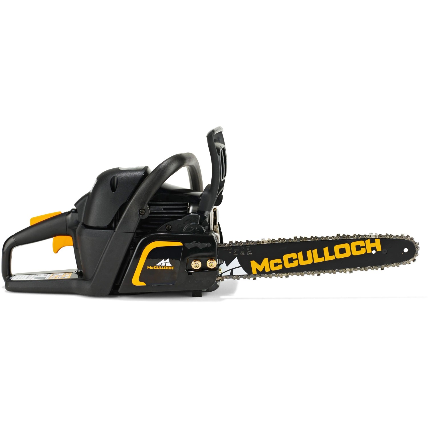McCulloch CS42S Benzin-Kettensäge in Schwarz/Gelb, Seitenansicht.