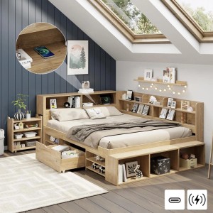 Naturholz Kinderbett 140x200 cm mit integrierten Regalen, Schubladen und viel Stauraum. Multifunktionales Einzelbett.