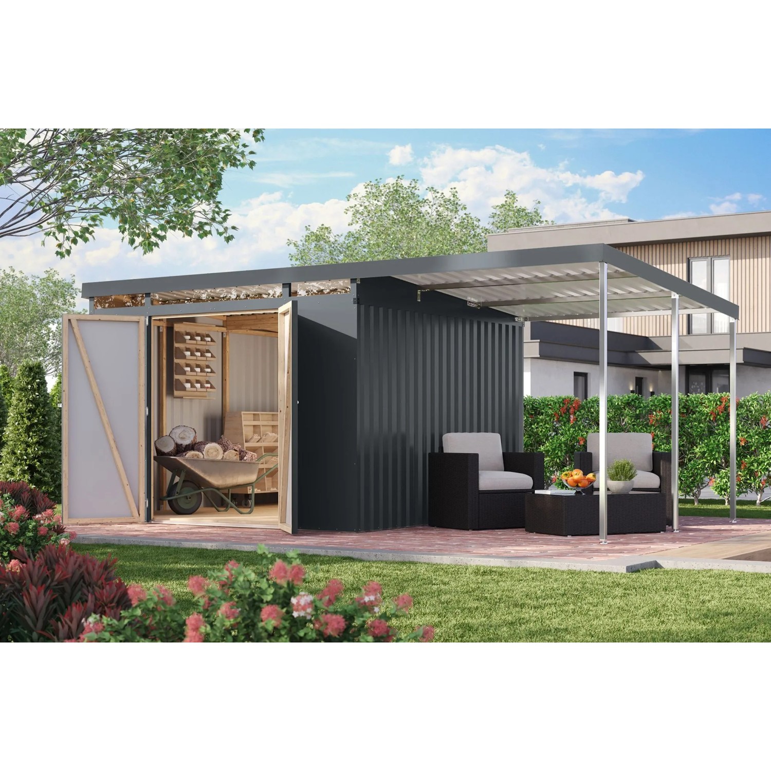 Karibu Metallgerätehaus Neos 3,5 mit Anbaudach 2 m Anthrazit